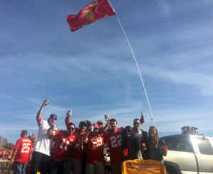 Fifth-year season ticket holder David Schrunk flies his Harambe flag at every Chiefs tailgate. 